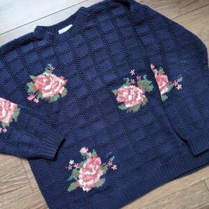 Vtg Deans of Scotland Chunky Knit Floral Sweater - Navy Blue Pink Cotton XL